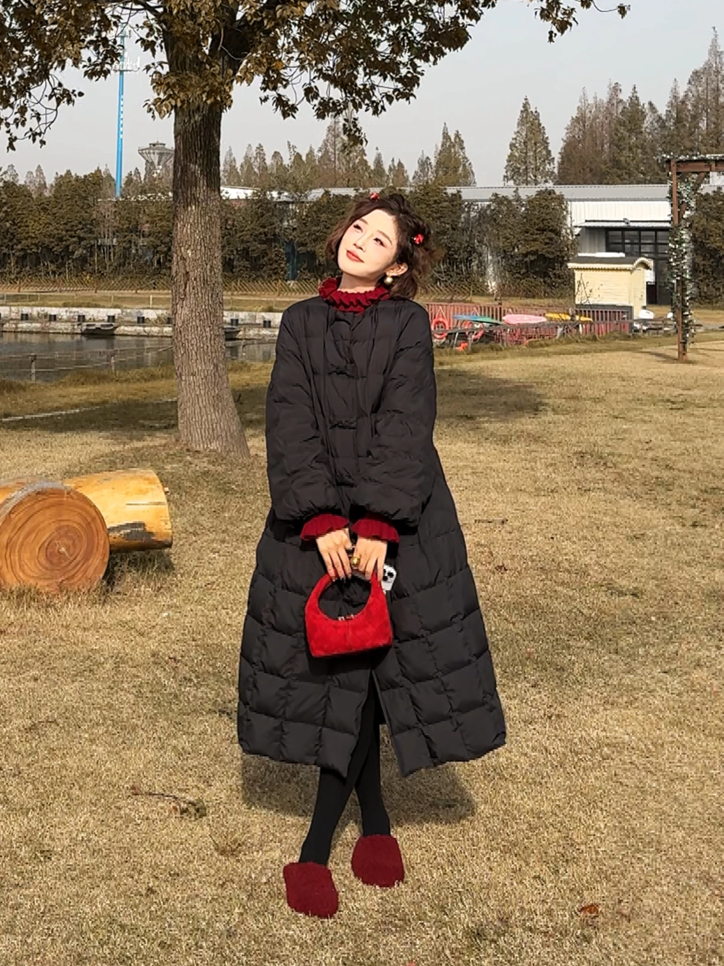 

Yolo Winter Long down Jaet White Du Feather Diamond Pattern Knot Women's Faion Outerwear Warm Loose Fit