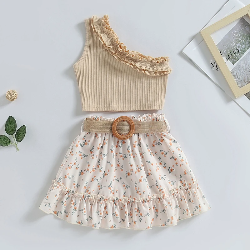 2023-04-16 Lioraitiin 0-6Years Toddler Baby Girl Summer Outfit  One Shoulder Ribbed Tank Tops Ruffle Floral Skirt with Belt Set