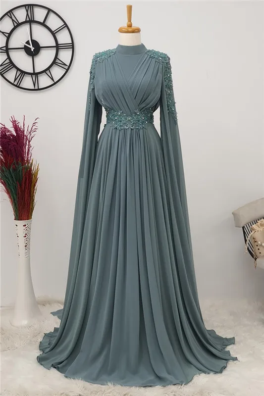 Long Chiffon Appliques Evening Dress with Cape High Neck Dubai Arabic Long Sleeves Formal Prom Party Gowns Beaded Robe