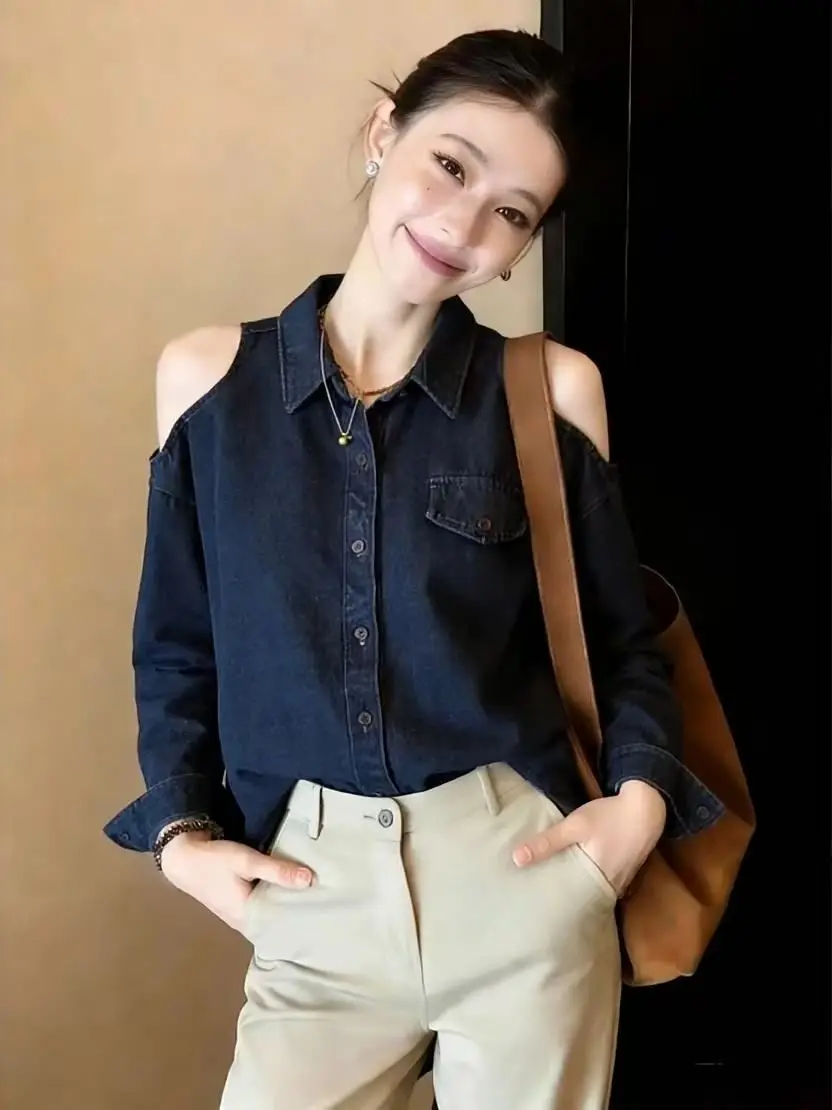 

French Style Loose Fit Long Sleeve Denim Shirt Women's Spring Season Large Size Fashionable Shoulder Bared Top Ensemble