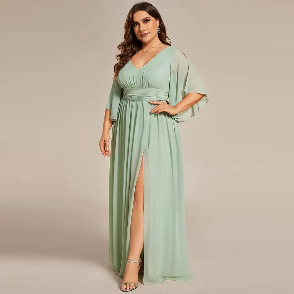 BAZIIINGAAA Party Dress Plus V Neck Pleated Belt Chiffon Bridesmaid Dresses Evening dress