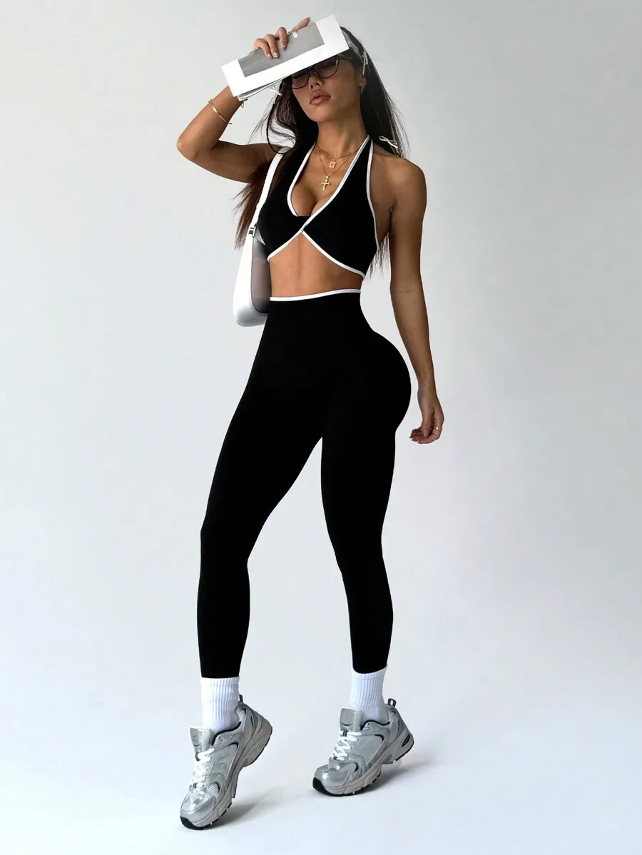 

Women Solid Color Splicing Sleeveless Crop Top And High Waist Leggings Yoga Set Workout Gym Outfit