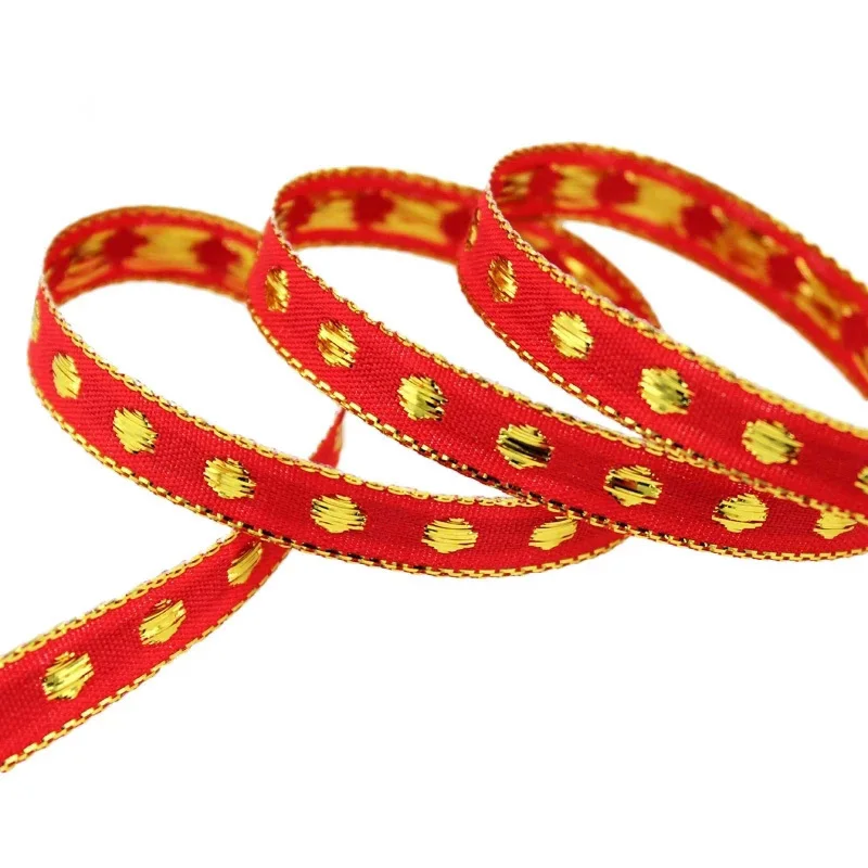 (25 Yards/Roll) 10mm Red And White Grosgrain Satin Ribbon Gold Edge Dots High Quality Gift Packaging Ribbons Handmade DIY