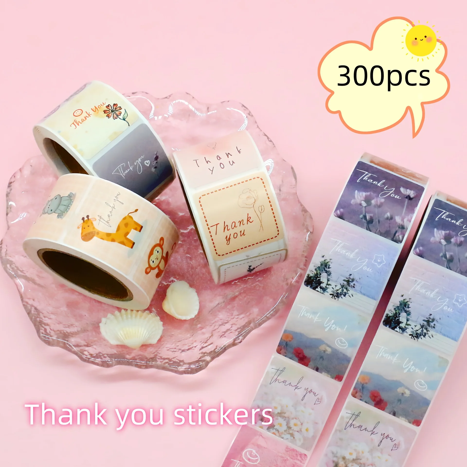 300pcs/Roll Cute Cartoon Thank You Stickers 3cm Square Decorative Labels for Small Business Baking Gift Wrapping Envelopes