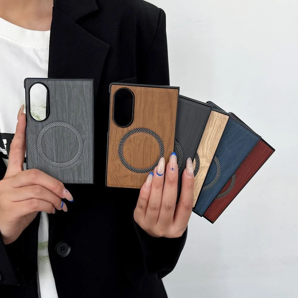 Wood Grain For Magsafe Magnetic PU Leather Phone Case For Samsung Galaxy Z Fold 8 Ultra 7 6 5 4 3 Shockproof Protective Cover