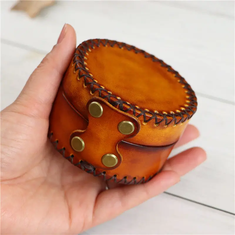 Vintage Leather Jewelry Storage Cylinder, Retro Genuine Leather Organizer Box for Rings Earrings Bracelets, Portable Jewelry Bag