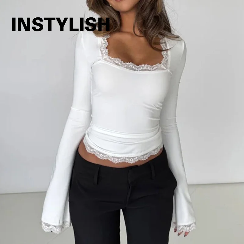 Y2K Lace Square Neck Women Crop Top Flare Long Sleeve Slim Fit T Shirt Elegant Low Cut Cropped Tees Lady Casual Going Out Blouse