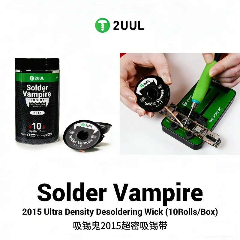 

2UUL DW15 10 рулонов/упаковка, высокоплотная фитильная проволока для удаления припоя Solder Vampire Ultra Density для ремонта печатных плат, BGA, материнских плат мобильных телефонов
