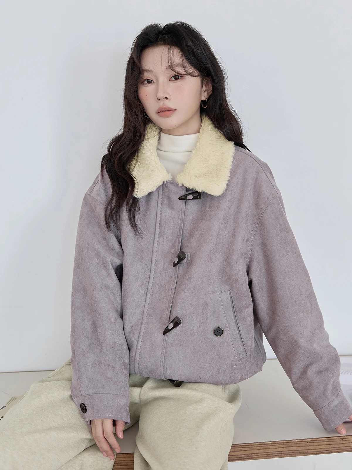 Cappotto Invernale HuiXi in Camoscio Viola per Donna, Imbottito in Pelliccia, Stile Retrò Versatile, Lunghezza Regolare