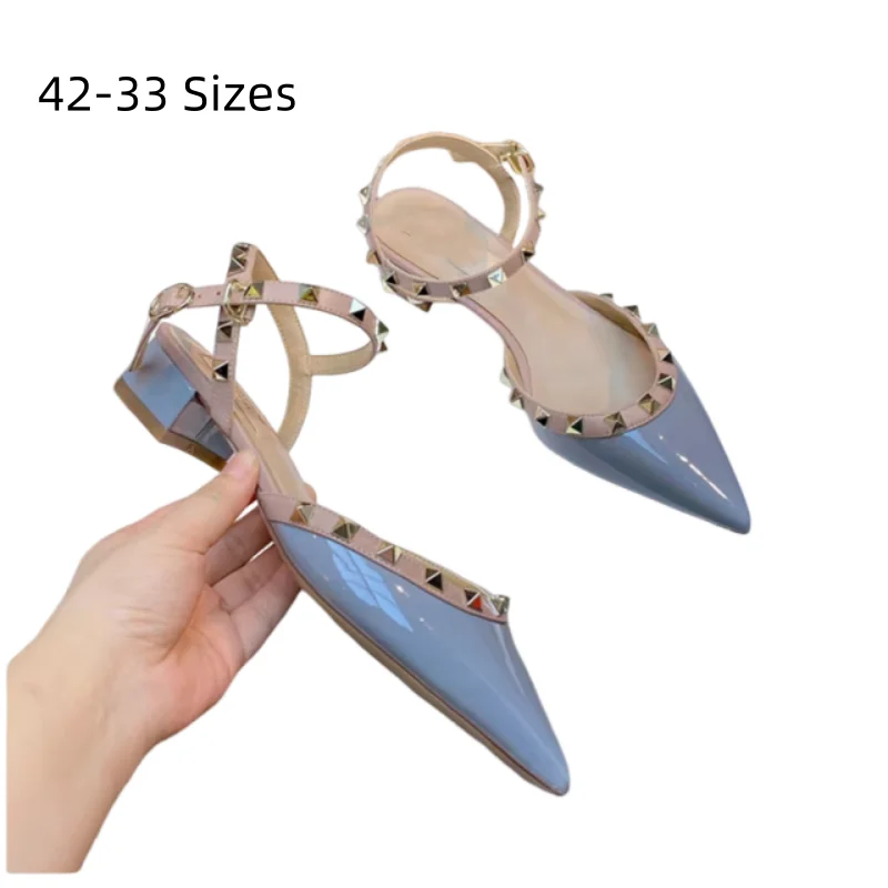 

Lady 4cm Claussure Sandalia Purple Blue Leather Shoes With Studs Buckle Strap Front Closed High Heels Pumps Wide Fits 48-33 28cm