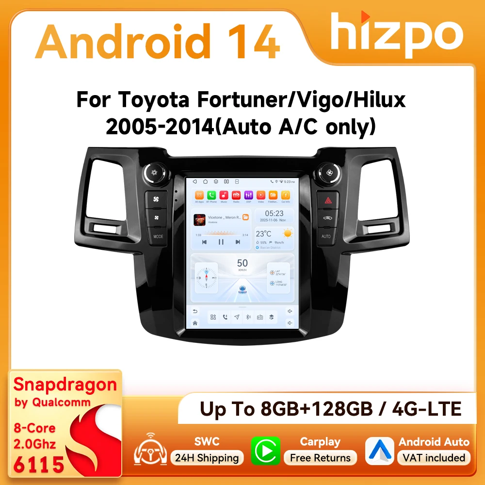 9,7" Hizpo Android14 Autoradio für Toyota Fortuner Vigo Hilux 2005 - 2014 Auto AC Tesla-Stil Multimedia 4G CarPlay GPS 360 ° GLAS