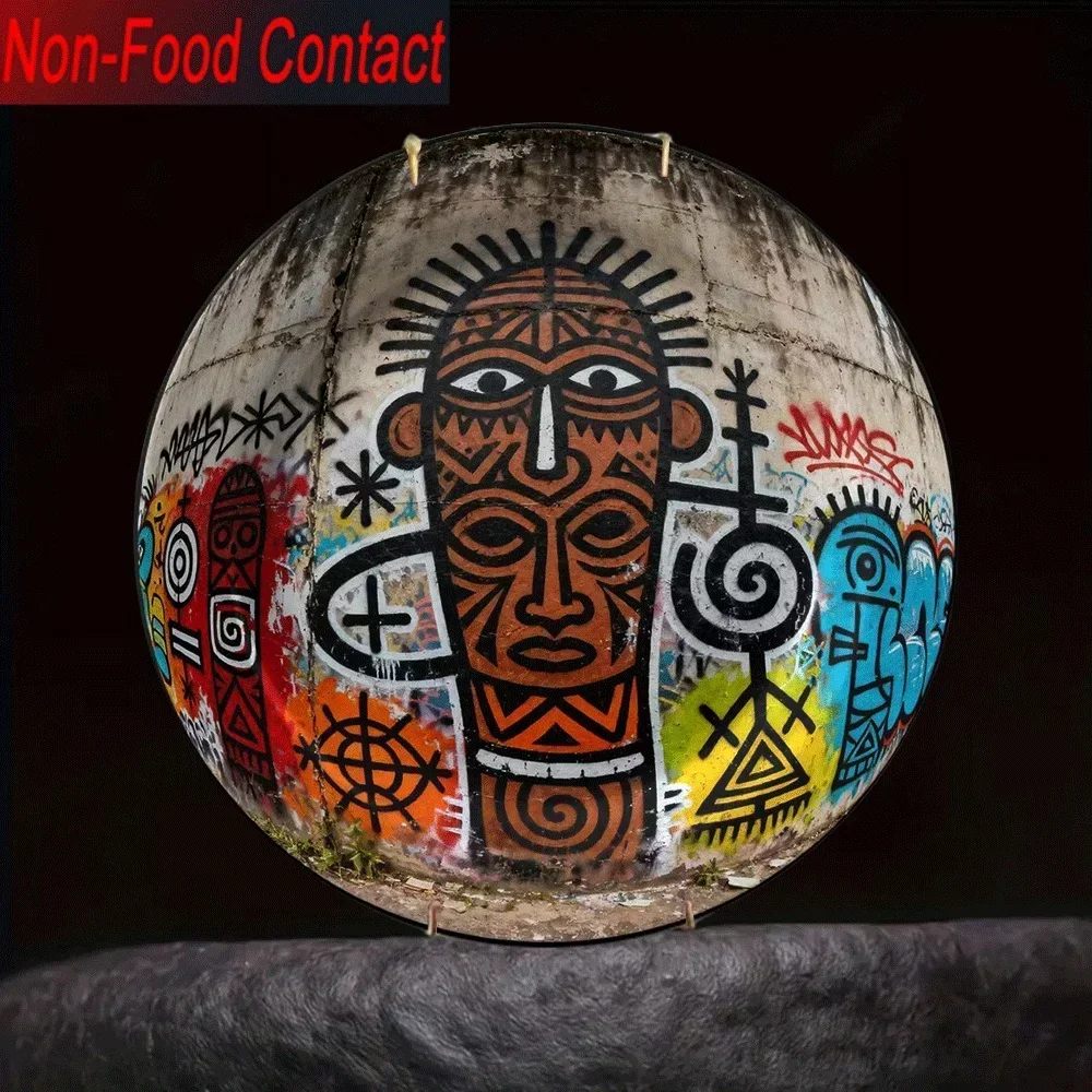 1pc African Tribal Face Ceramic Decorative Plate - Non-Food Contact Tabletop Art with Vibrant Tribal Patterns, Round Ceramic
