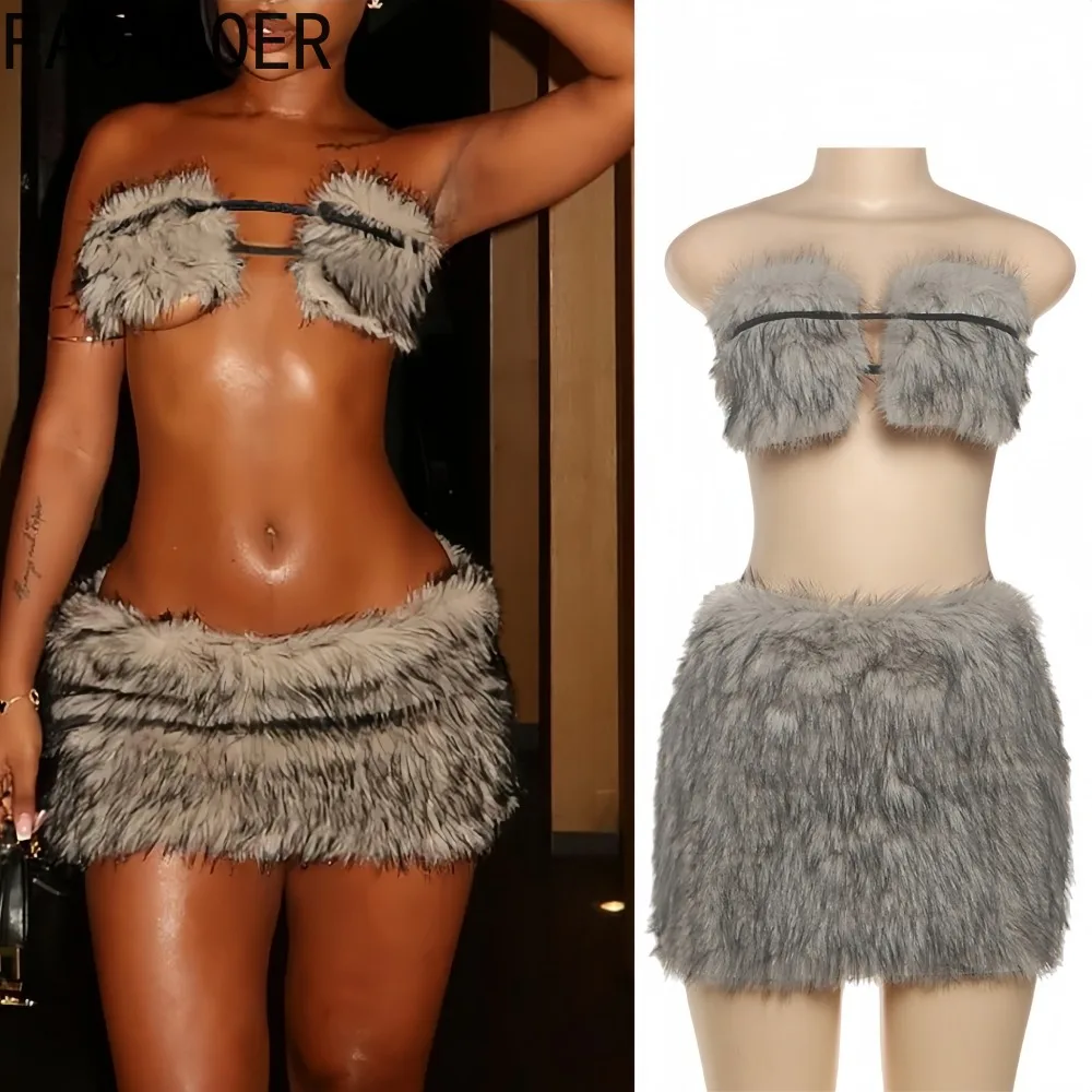 

FAGADOER Winter New Sexy Fur Patchwork 2 Pieces Set for Woman Outfits Sleeveless Backless Crop Top and Skirt Female Streetwear