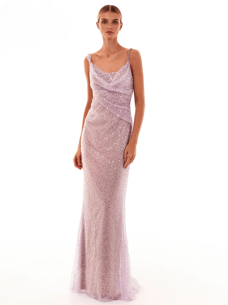 

Sexy Chain Spaghetti Straps Sequins Lavender Sleeveless Backless Beaded Slim Maxi Evening Party Dress