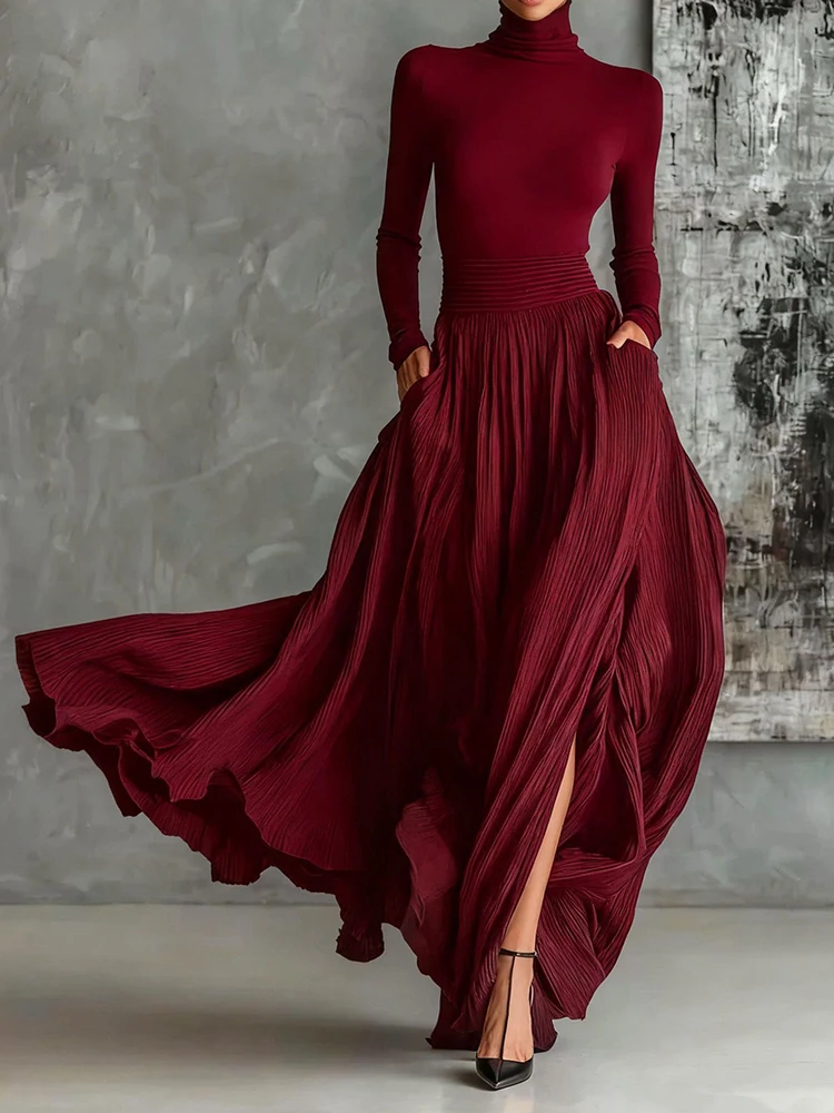 ชุดเซ็ต 2 ชิ้น เสื้อคอเต่าแขนยาวและกระโปรงยาวทรงแม็กซี่ สำหรับผู้หญิง สไตล์เรียบหรู ใส่ได้ทั้งฤดูใบไม้ผลิและฤดูใบไม้ร่วง เหมาะสำหรับวันหยุดพักผ่อน แฟชั่นทันสมัย