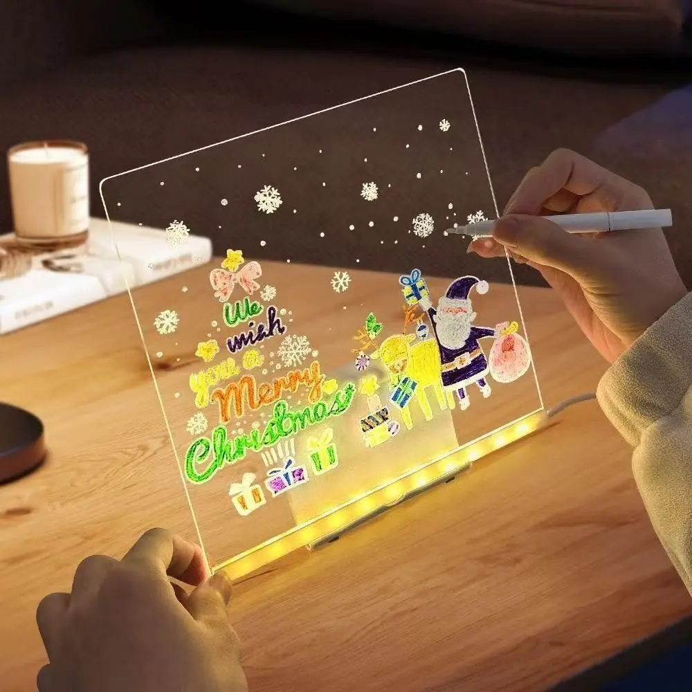 Colorful 7 Pens LED Note Board with Night Light Adjustable Stand Rewritable Surface Children's Drawing Board Clear USB Power