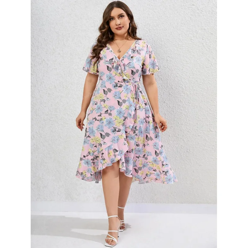 ROSEGAL Plus Size New In Dresses Cottagecore Flounce Tie Floral Surplice Midi Dress Plunging Neck Asymmetric Printed Vestidos 5X