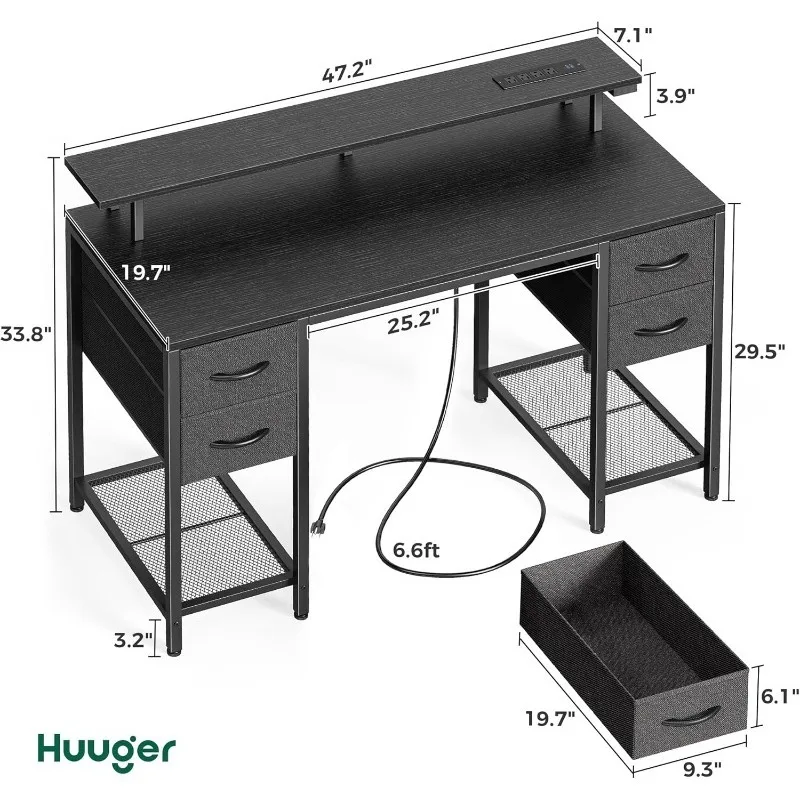 

47 inch Computer Desk with 4 Drawers, Gaming Desk with LED Lights & Power Outlets, Home Office Desk