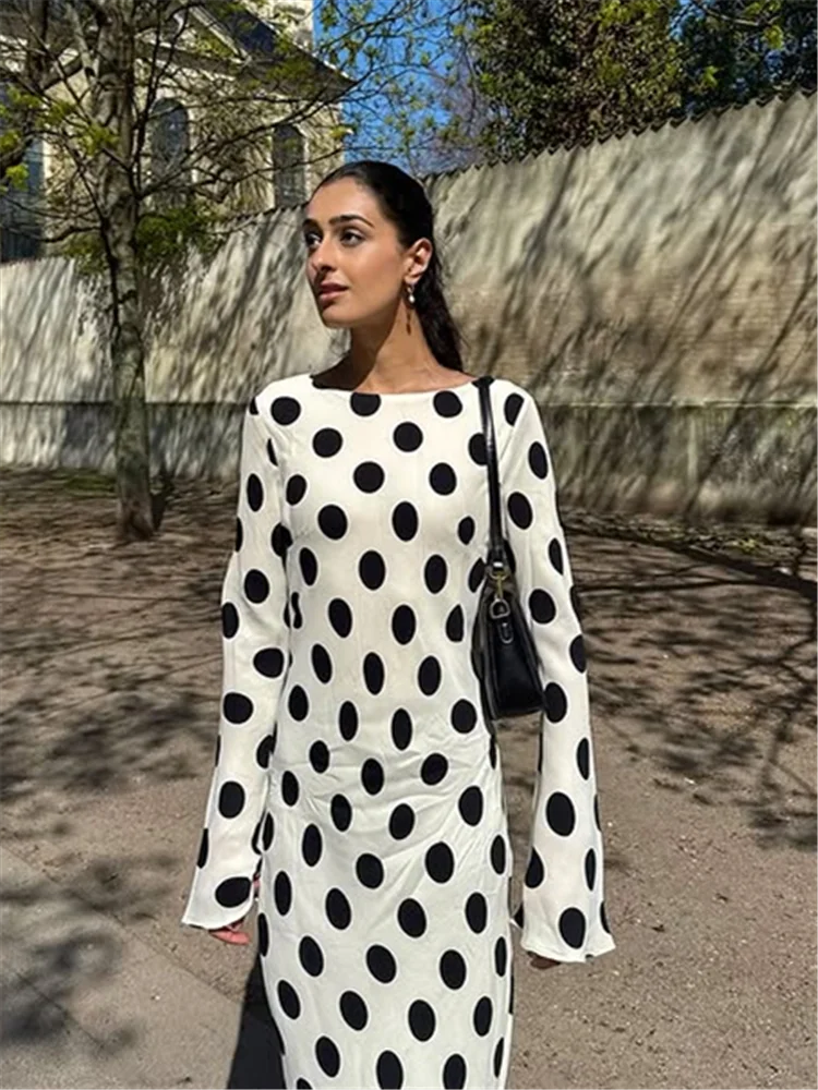 

Long Sleeves Straight Polka Dot Dress Woman Chic Round Neck Casual Loose Long Dresses Elegant Commuting Fashion Women's New Robe