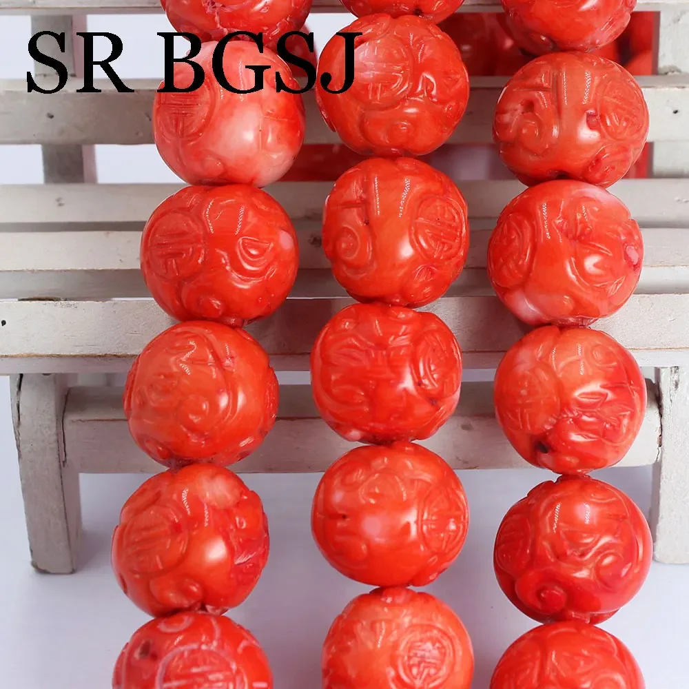 20mm Big Large Carved Lucky Natural Orange Sea Bamboo Coral Gem Round Loose Beads for Jewelry DIY Bracelet Necklace Handmade