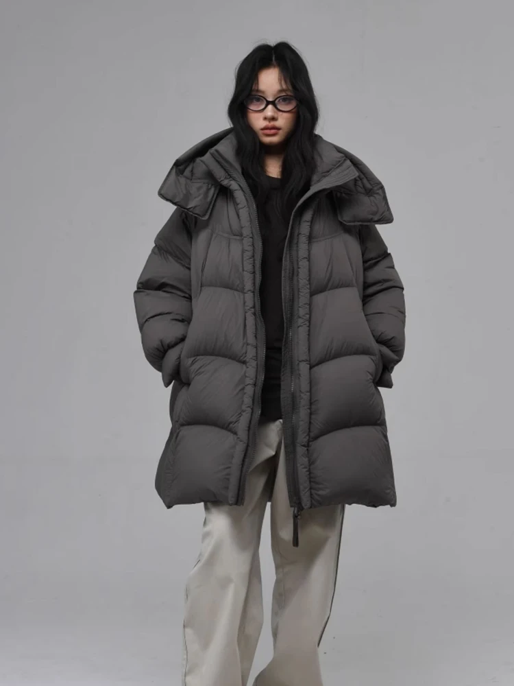 Luxury Thick warm duck down jacket with hooded Women's Oversize 2025 Winter Fashion Mid-length puffer coat Female INKEO DJ576