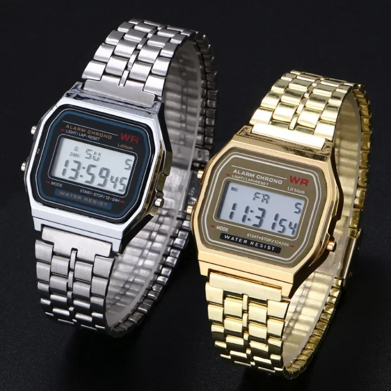 F91W jam tangan gelang baja tahan karat jam tangan militer olahraga Digital Retro kedap air mewah jam tangan elektronik Pria Wanita