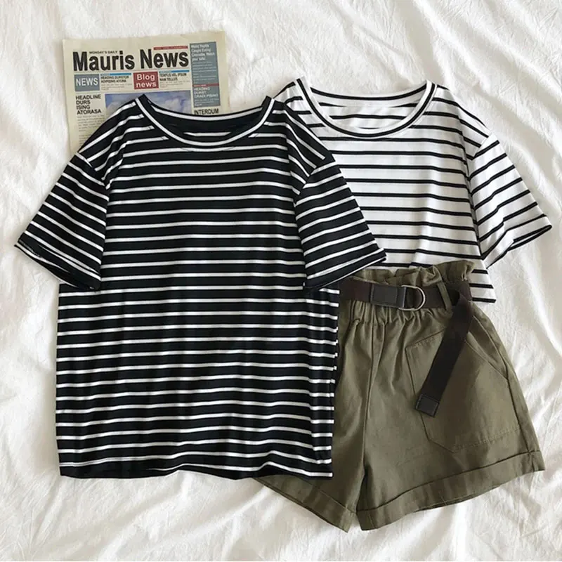 Harajuku Short Sleeve Korean O-Neck Casual Fashion Shirt Camiseta Feminina Tops T Shirt Women Solid Color Striped Punk T-shirt