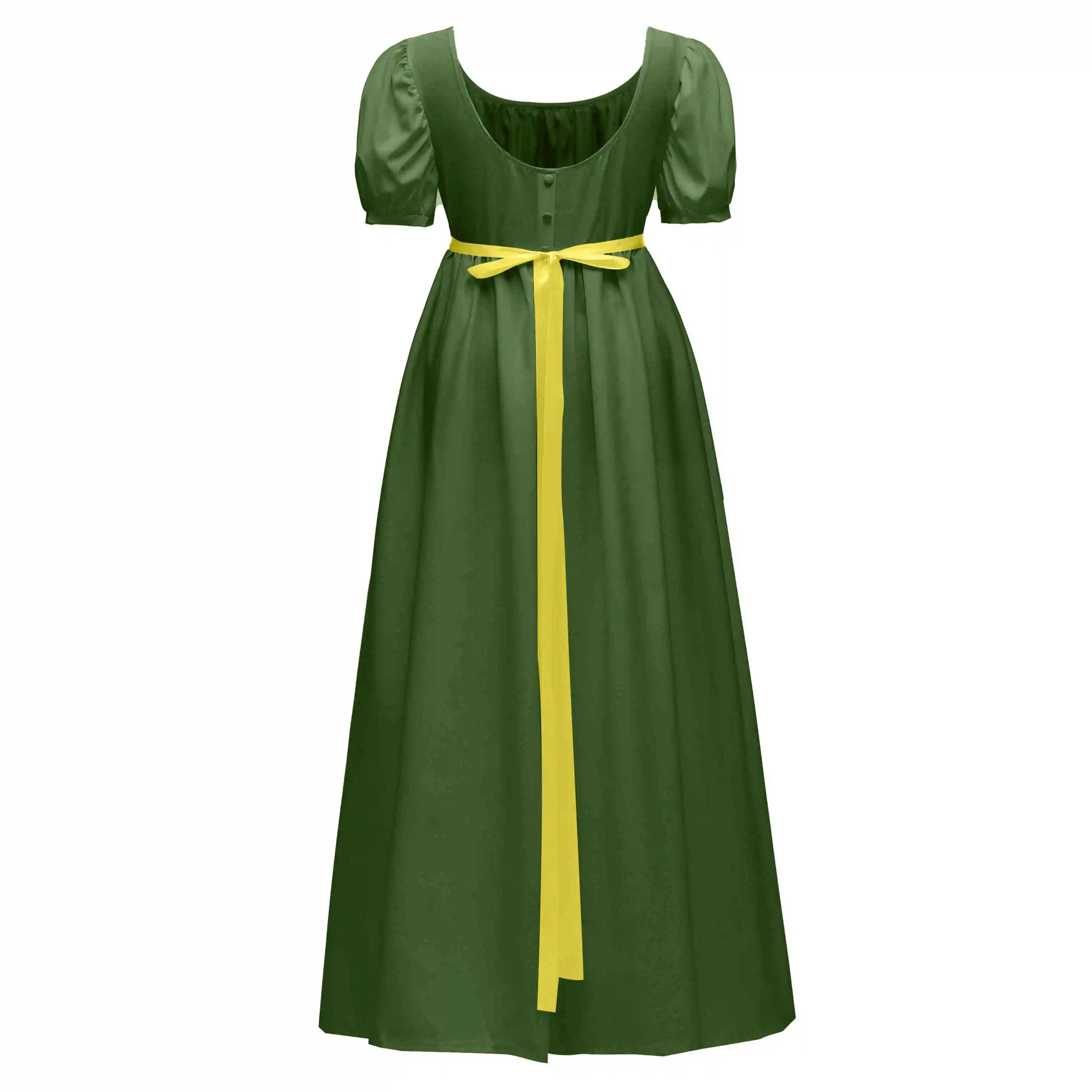 Sukienki regencyjne dla kobiet, wiktoriańska suknia do herbaty z satynową szarfą, suknia balowa w stylu vintage z falbankami i bufiastymi rękawami.