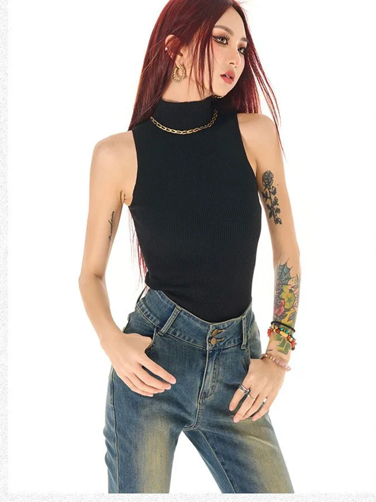 Turtleneck Knitted Tank Top for Women's Summer Sleeveless Elastic Sexy Slim Basic Tops Streetwear