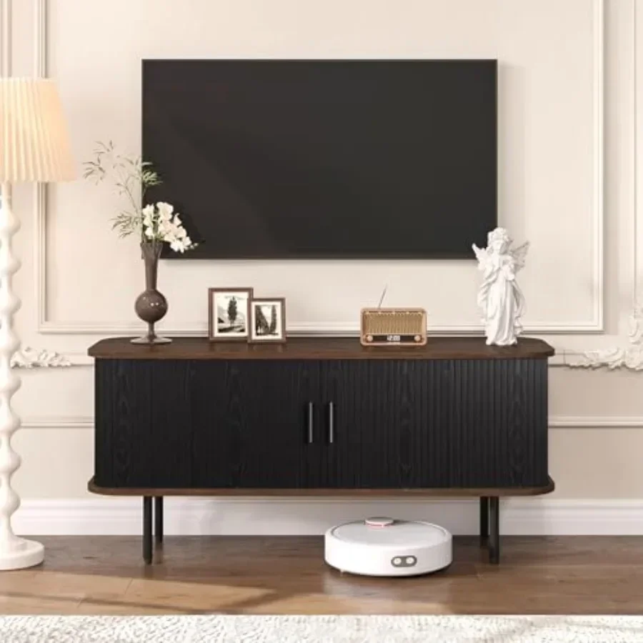 47 Modern Fluted TV Stand for TVs up to 60 Inch, Living Room Gaming Entertainment Center, MDF Wood in Matte Black, Tambour Slat