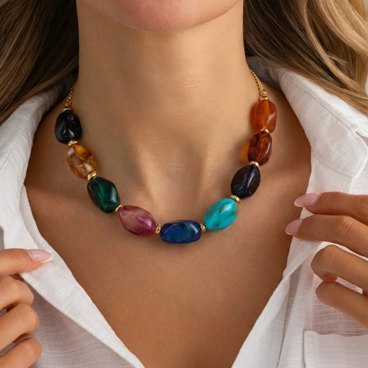 Botanisch bedruckter marineblauer Schal, Edelstahl-Halskette mit geprägten Blumen für Damen, unregelmäßiger Acryl-Perlen-Choker-Schmuck – Detail 21