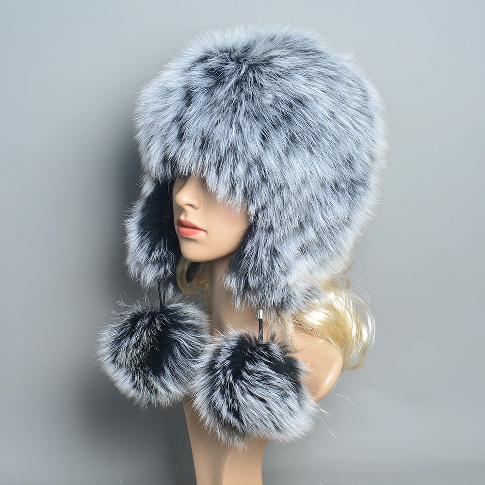 Hot Sale 100% Natural Silver Fox Fur Women Winter Hat Knitted Cap Women Hat Fox Fur Bomber Hat Female Ear Warm Winter Must