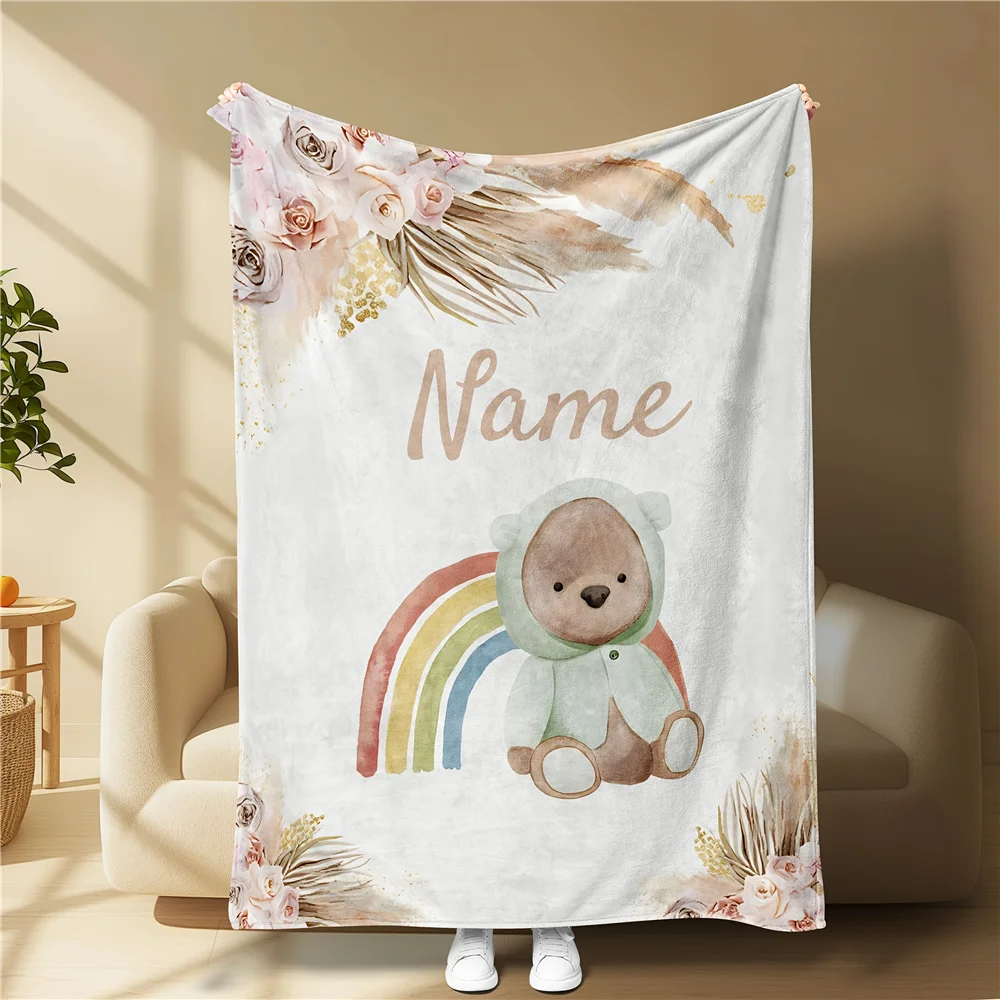 Custom name rainbow teddy bear plush blanket, soft fleece blanket, suitable for sofa, bed, birthdays, children, friends, gifts
