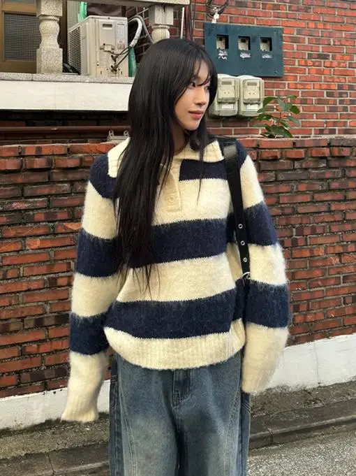

Ретро уличный корейский винтажный полосатый цветной вязаный свитер с воротником и пуговицами для молодых женщин осень-зима