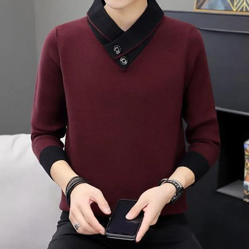 Men Turtleneck Thick Long Sleeve Spliced Knitted Sweater Pullover Solid Color Autumn Winter Korean Style M181