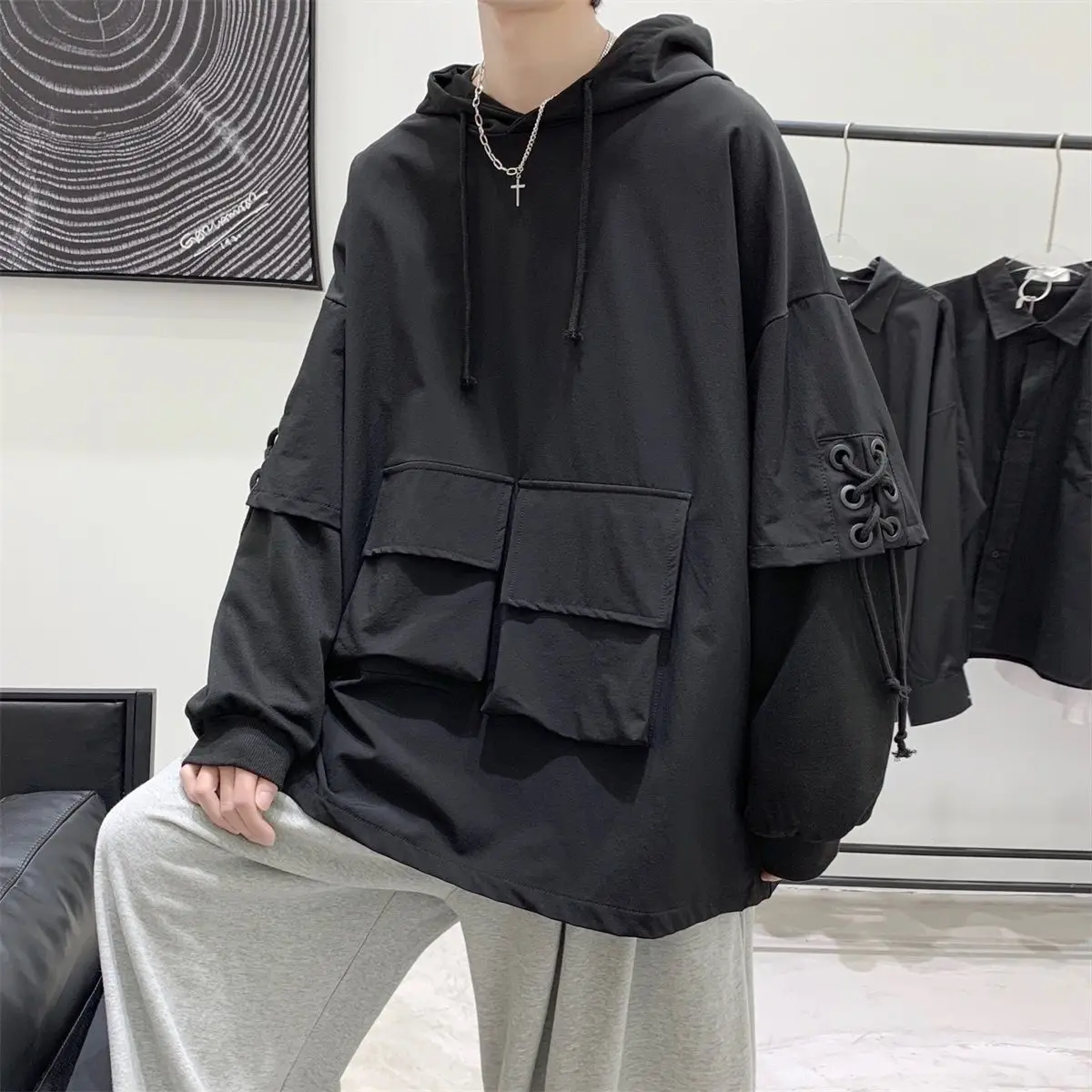 Spring Men Streetwear Pocket Cargo Hooded Hoodies Mens Korean Harajuku Stitched Sleeves Sweatshirts Male Hip Hop Clothing