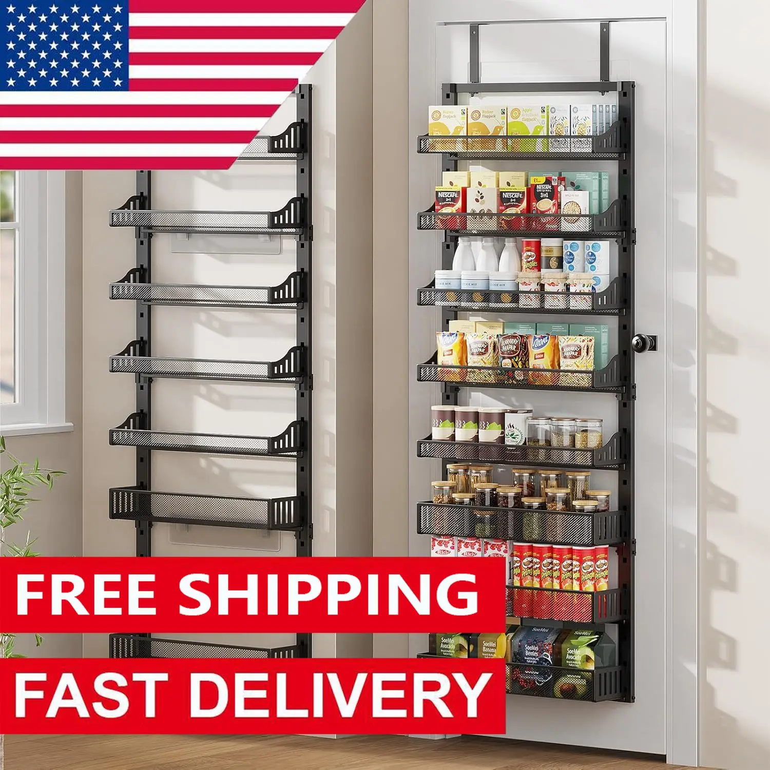 8-Tier Over the Door Pantry Organizer, Large Metal Door Spice Rack with Adjustable Basket, 2 in 1 Wall Mount or Hanging Heavy