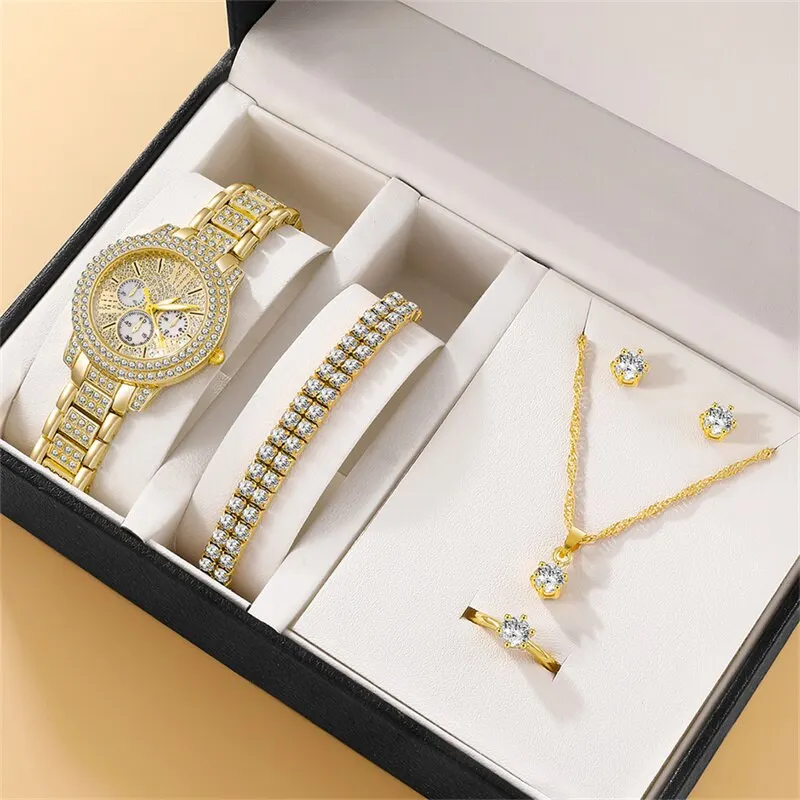 6PCS Set Luxury Watch Women Ring Necklace Earrings Rhinestone Fashion Wristwatch Female Casual Ladies Watches Bracelet Set