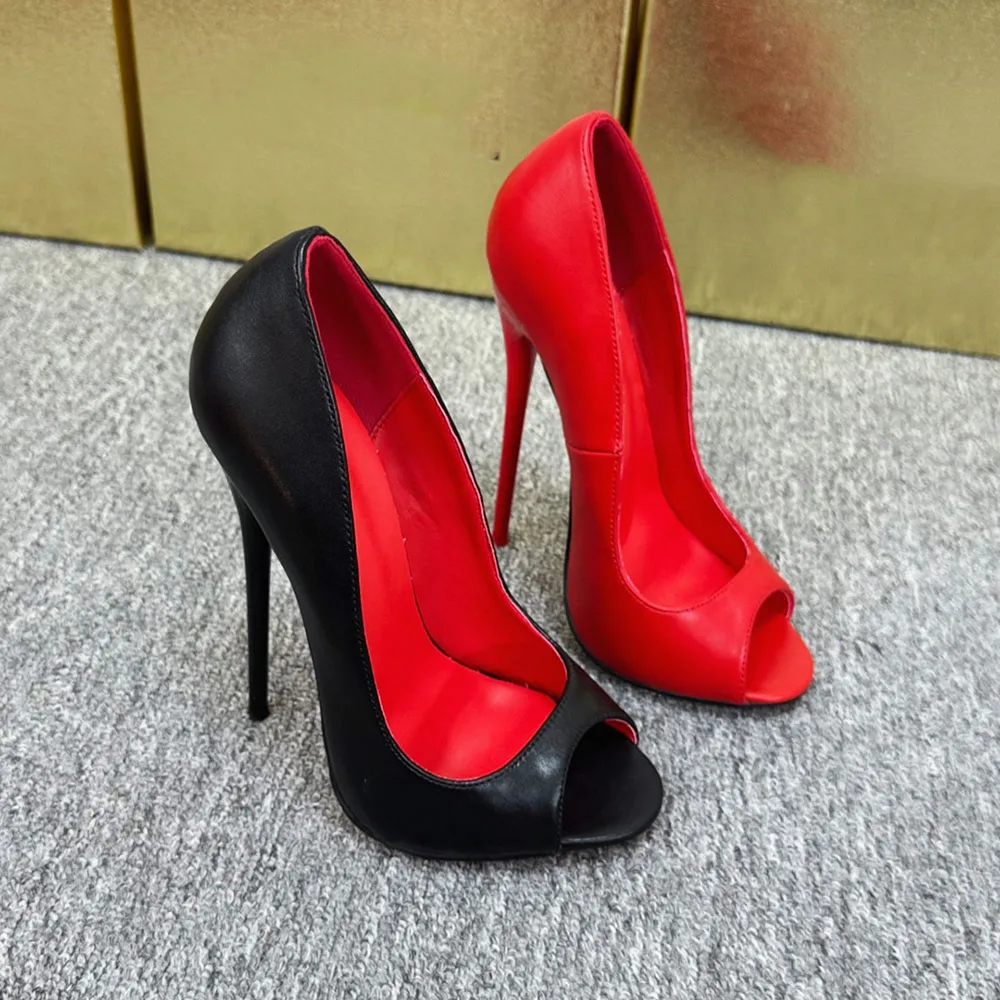 

Туфли-лодочки с открытым носком на ультравысоком каблуке 14/16 см, черные матовые, с красной подкладкой, на шпильке, для танцев на пилоне, косплея, вечеринок, фотосессий