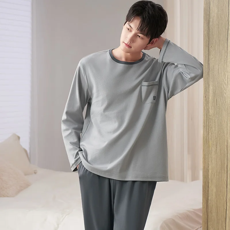 Men Pajamas Set Simple Solid Color Nightwear Young Male Sleepwear Pijamas Hombre Long Sleeve Pyjamas Suit Mens Clothing Set