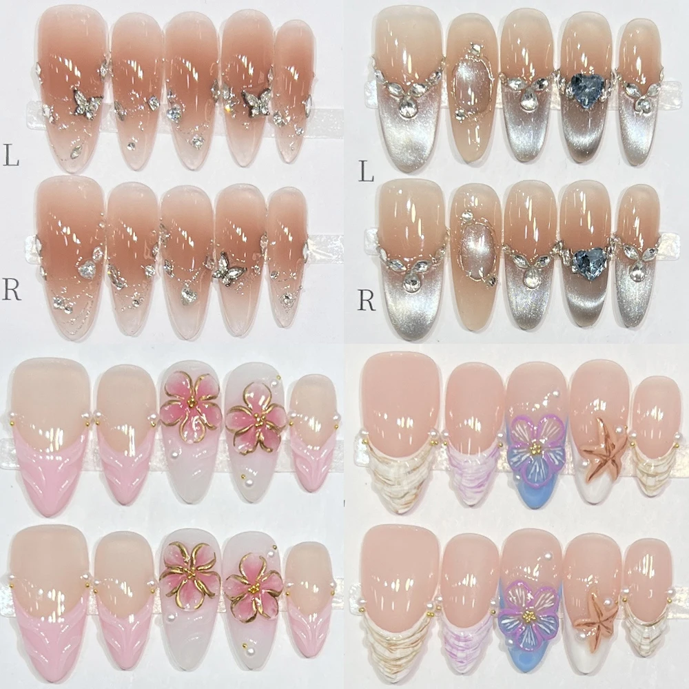 

Sweet Long Stiletto Almond Handmade Press On Nail Cat Eyes Flowers Diamond Pearl Design French Wearable Full Cover Fake Nail