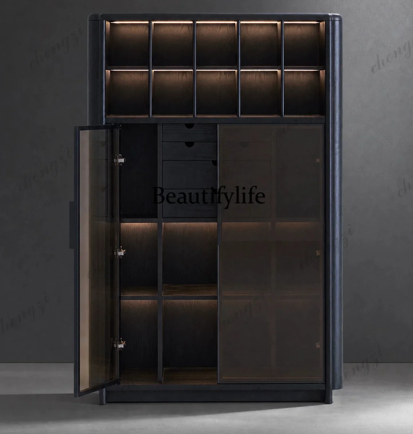 a55 Italian minimalist solid wood bookcase glass door floor-to-ceiling display cabinet modern combination locker with lamp view 3