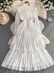 4XLStock Quality Summer Autumn Flower Embroidery White Lace Cake Wedding Dress Women Long Sleeve Midi Evening Prom Dresses Party