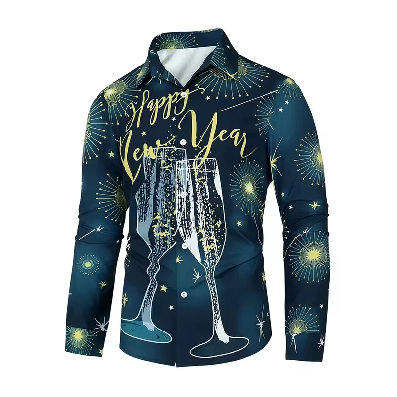 

2025 Happy New Year Letter Print Men's Stylish Casual Long Sleeve Shirts Tops New Year's Fashion Pattern Oversized Shirts Camisa