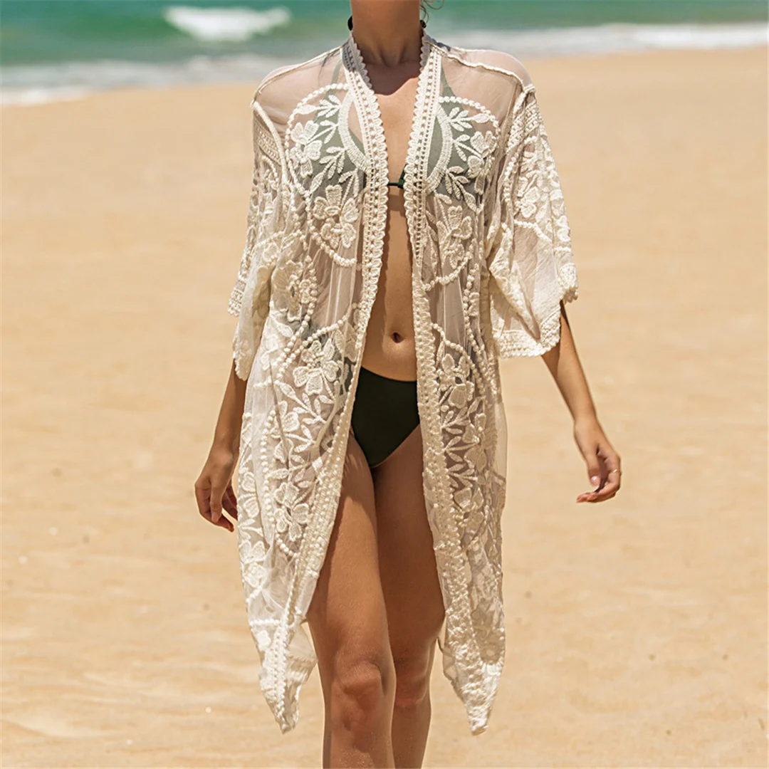 Sexy 3-Farben-Spitzenstickerei-Häkel-Strick-Tunika, Strand-Überwurf, Strandkleid, Strandmode, Damen V4065 – Detail 21