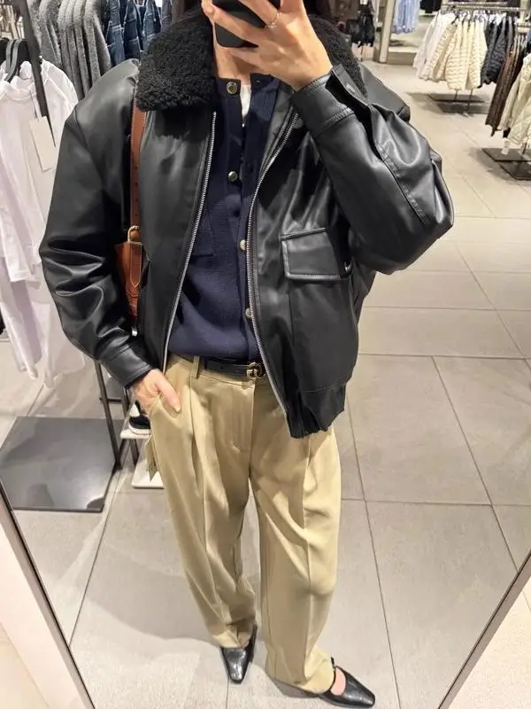 เสื้อโค้ทผู้หญิงทรงหลวมสำหรับฤดูใบไม้ร่วงและฤดูหนาว  คอเสื้อหนังเทียม ดีไซน์เก๋ ทันสมัย  ใส่ได้หลากหลายโอกาส