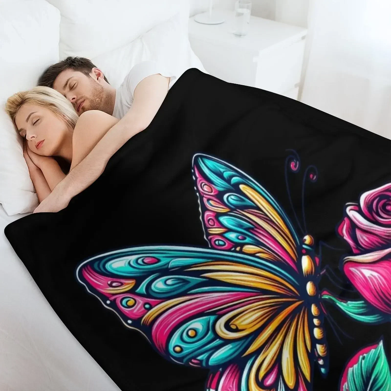 Blossom Buddies: Cute Butterfly and Flowers Cartoon Throw Blanket Luxury Designer Soft Big Thermal Blankets Bed