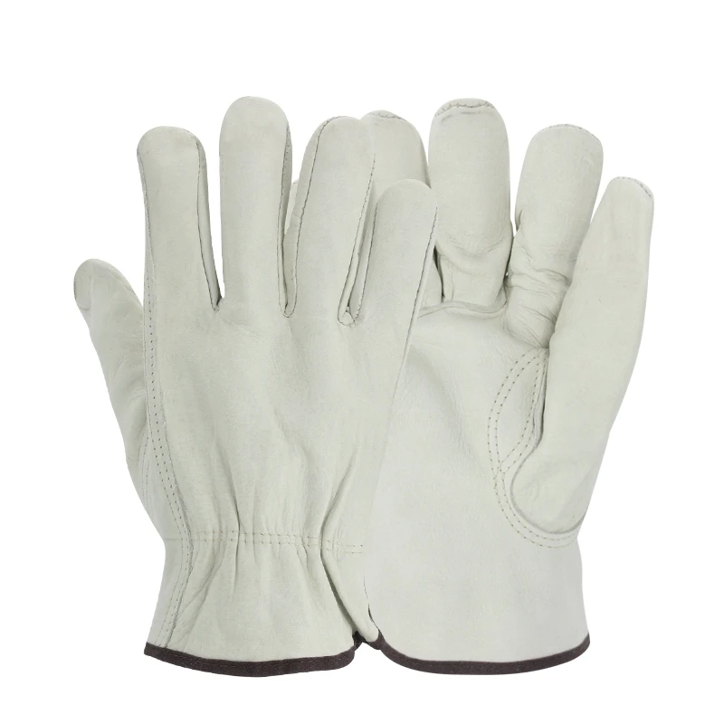 

White Cowhide Leather Safety Work Gloves, Soft Breathable Heavy Duty Gloves for Driving, Construction, Yard Work
