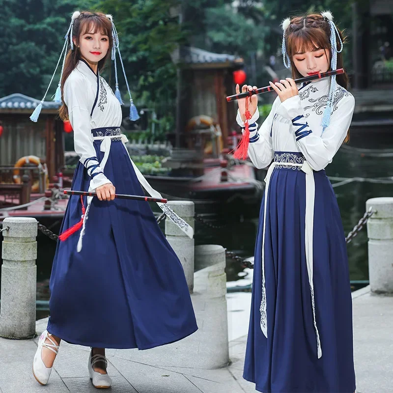 Gaun Tiongkok Hanfu Korea Gaun Wanita Pria putih biru baju Kimono bordir Cosplay gaya Tiongkok pakaian tradisional Tiongkok