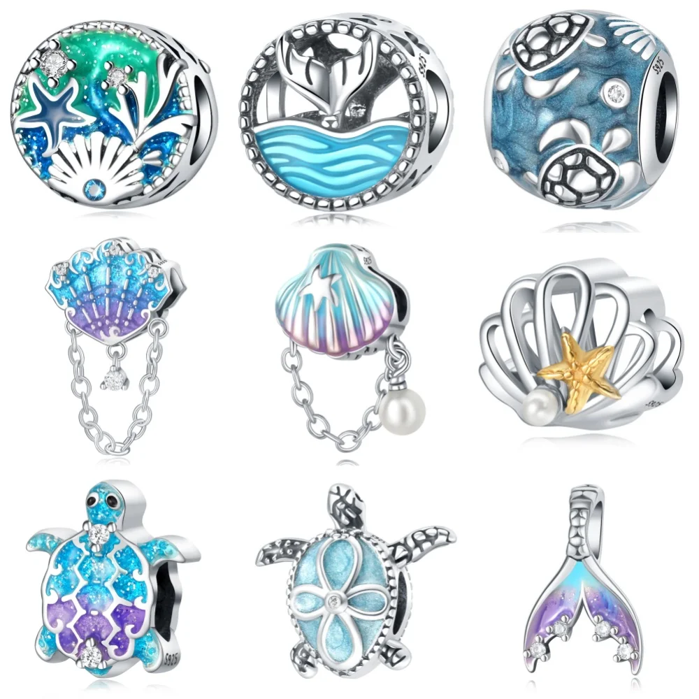 Genuine 925 Sterling Silver Blue Sea World Mermaid Heart Sea Turtle Collection Charms Love Pendant Fit Bracelet Beads Fine Gifts